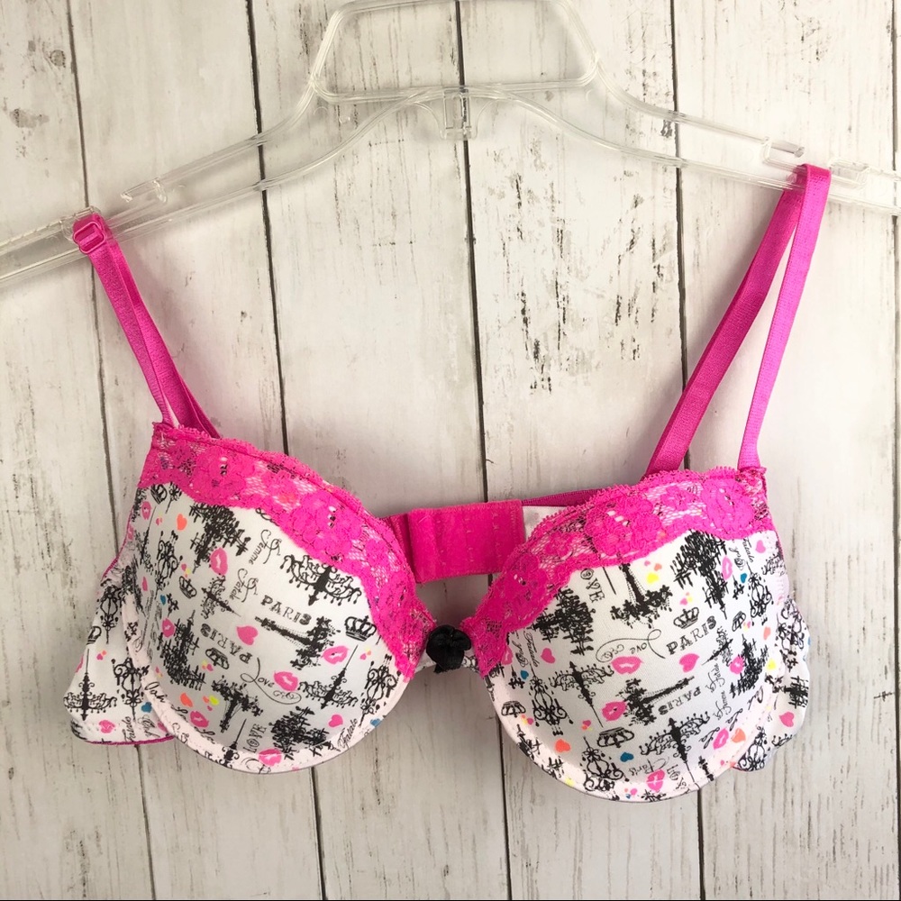 Paris Print White Black Pink Push Up Bra 34C